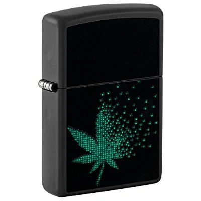 Image of Zippo Lighter, Metal, Black Matte Pixel Cannabis