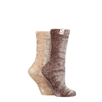 Image of Elle Ladies Chenille Leisure Socks Pack of 2 Moss/Gold 4 8