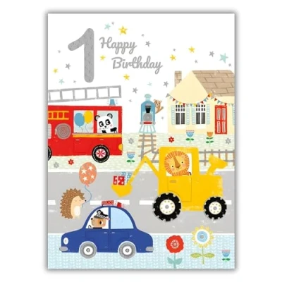Image of Boys 1st Birthday Card Age 1 Animal and Vehicles Artistic Design Special Finishes Made in the UK Eco Friendly