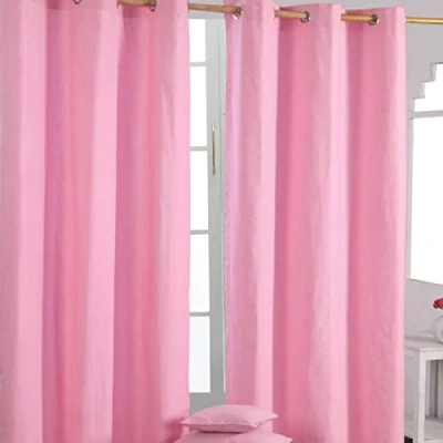 Image of HOMESCAPES Pink Eyelet Curtain Pair 137cm (54&quot;) Wide x 228cm (90&quot;) Drop Plain Heavy Unlined Curtains