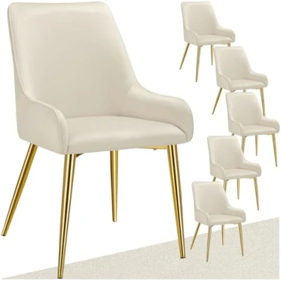 Image of TecTake® Set of 6 Dining Chairs with Soft Covers in Velvet Look, Thickly Padded Armchair Ergonomic Design &amp; Sturdy Steel Legs, Ideal as Kitchen Chairs, Living Room Armchairs Beige