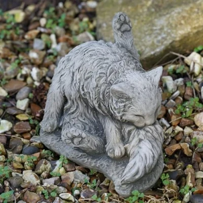 Image of Washing Cat Stone Statue Kitten Animal Concrete Outdoor Garden Ornament Decor