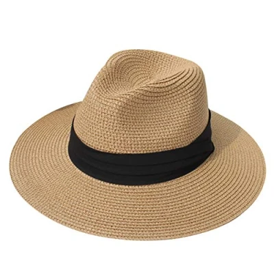 Image of DRESHOW Women Straw Panama Hat Fedora Beach Sun Wide Brim Roll up UPF 50+