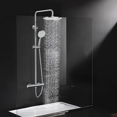 Image of Rainsworth Thermostatic Shower Mixer Set Chrome, 25cm Round Overhead Rainfall Shower, 3 Jet Types Handheld Height Adjustable Set, System