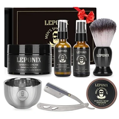 Image of Shaving Kit for Men, Set of Sandalwood Cream, Mens After Shave Balm, Pre Oil,Shaving Brush and Bowl,Shaving Soap Gift Men Boyfriend Stocking Fillers