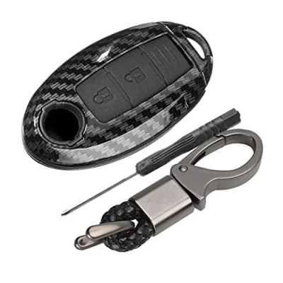 Image of Happyit ABS Carbon Fiber Shell+Silicone Car Key Cover Case Keychain for Nissan 350Z Qashqai J10 J11 X Trail t31 t32 Kicks Tiida Pathfinder Murano Note Juke 3 Buttons (Black)
