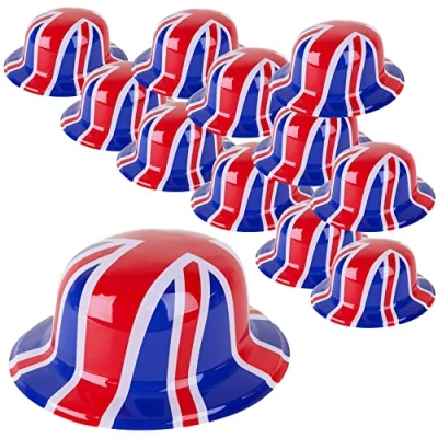 Image of Toyland® Pack of 24 Plastic Union Jack Bowler Hats One Size British Novelty Fancy Dress