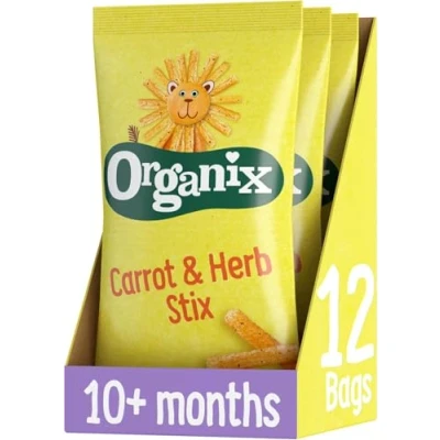 Image of Organix Carrot Stix Organic Toddler Snack, Finger Food, Corn Puffs, 10+ Months, Multipack (4 x 15 g) (Pack of 3), Total 12 Bags