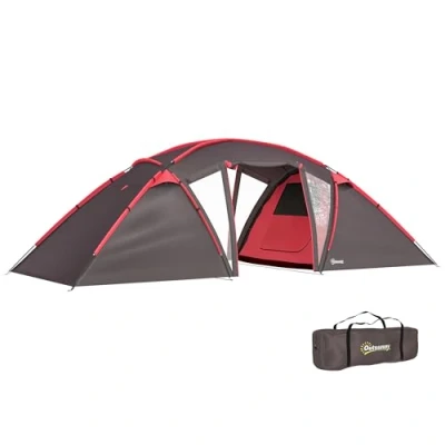 Image of Outsunny 4 6 Man Family Camping Tent w/ 2 Bedrooms and a Living Room, Waterproof Tunnel w/Sewn In Groundsheet, Doors, Windows, Carry Bag, Grey