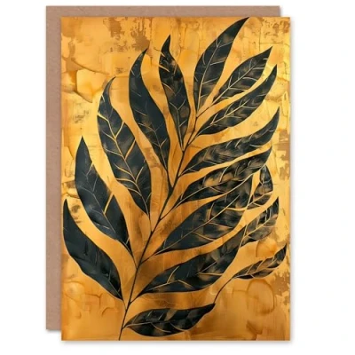 Image of Artery8 Greeting Card Black on Gold Plant Lover Leaf Imprint Painting Blank For Him Or Her Art Birthday