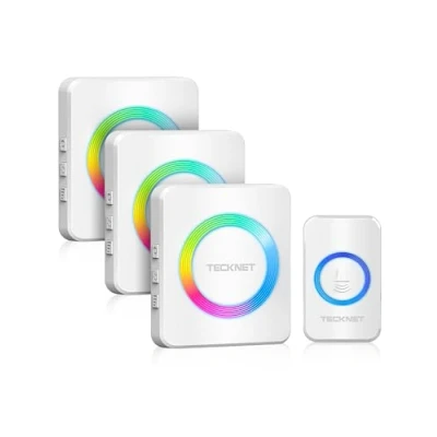Image of TECKNET Wireless Doorbell 3 Receivers, Door Chime Kit with RGB Light, 400M/1300ft Range, IP65 Waterproof bell, 60 Chimes &amp; 5 Level Volume Plug in Receiver for Home, School, Office, White