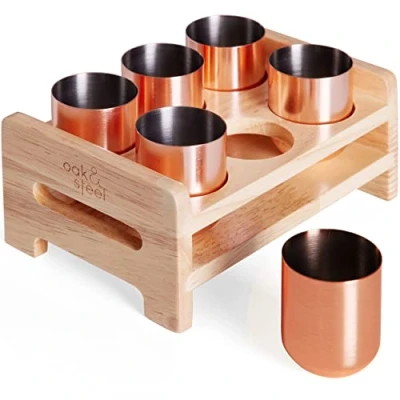Image of Oak &amp; Steel 6 Copper Rose Gold Stainless Shot Cups Mini Shatterproof Glass Keep Drink Cool, 50ml with Premium Wooden Tray Holder