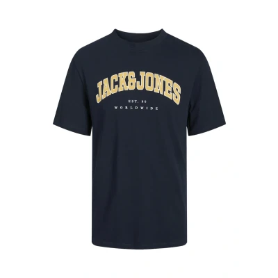 Image of JACK &amp; JONES Men&#039;s Jjecaleb Varsity Tee SS O Neck Noos T Shirt, Blazer Navy, M