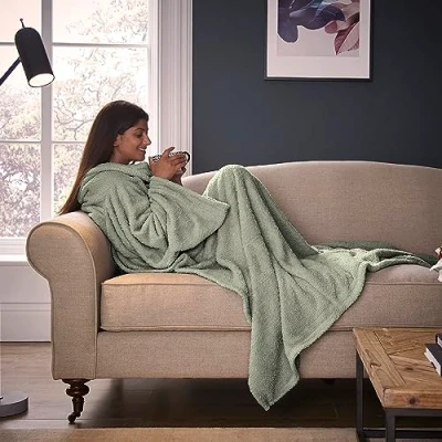 Image of Silentnight Snugsie Sage Wearable blanket Soft Teddy Fleece with Sleeves 2 in 1 Sleeved and Cushion Supersized Foot Pocket