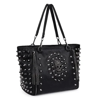 Image of UTO Women Skull Tote Bag PU Washed Leather Rivet Studded Ladies Purse Shoulder