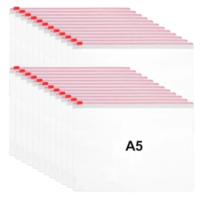 Image of M&amp;G 24 Pack Poly Zip Envelope, A5 Plastic Zipper Pouches with Label Pocket Clear File Folders Reusable Pencil Bags for Home Office Supplies, Red