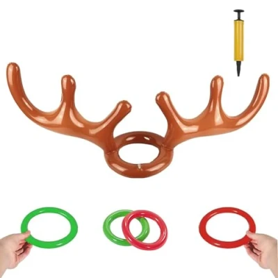Image of Christmas games，Inflatable Reindeer Antler Game, (1 Inflatable Antler, 4 Rings Ring Toss) Hat with Rings, Adults Family Xmas Fun Games