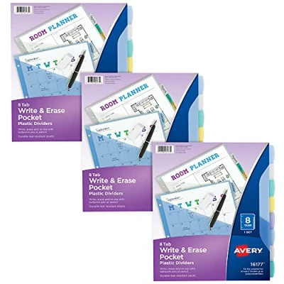 Image of Avery Write &amp; Erase Pocket Plastic Dividers for 3 Ring Binders, 8 Tab Sets, Multicolor, Binder Divider Sets (31701)