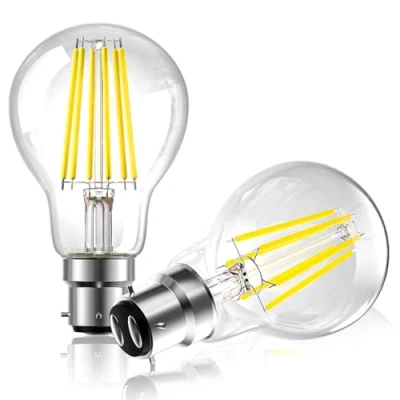 Image of Lustaled BC3 3 Pin Light Bulb, Energy Saving Bulbs, 8W A60 LED Filament Bulb Cool White 6000K, 75W Equivalent Vintage Clear Glass Globe 3Pin Bayonet Non Dimmable, 2 Pack