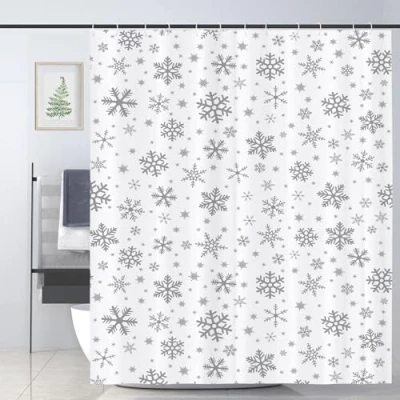 Image of JOOCAR Grey Snowflake Shower Curtain Winter Christmas White Curtains Watercolor Bathroom Decor Polyester Fabric Waterproof Set with 12 Hooks, 180x180cm