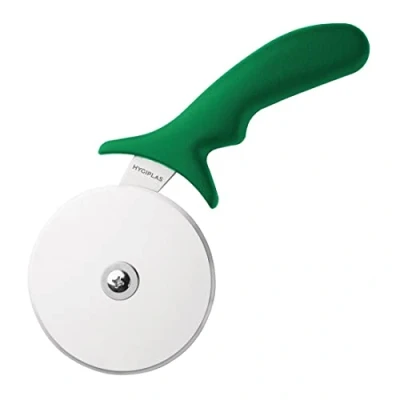 Image of Hygiplas Pro Grade Pizza Cutter 102mm/4 inch, Stainless Steel Wheel, Kitchen Wheel Slicer, Smooth Action, Dishwasher Safe, Colour Coded Green Handle, Professional or Home Use CC408