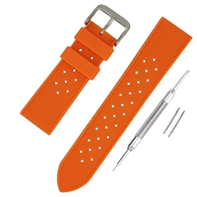 Image of Buckle &amp; Stitch Retro Tropical Silicone Watch Strap 18mm Orange Waterproof Perforated Rubber Dive Class Divers Band (18mm, Orange)