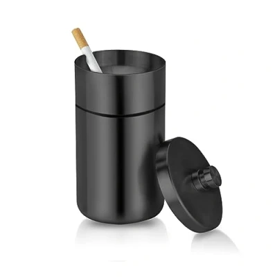 Image of cgaplus Car Ashtray with Lid Smell Proof Stainless Steel Portable Ash Tray for Cup Holder Detachable Windproof Extinguished Cigarette Bucket Automotive Ashtrays Outdoor Home Office Black