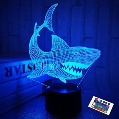 Image of FULLOSUN Shark 3D Illusion Night Light Animal Touch Table Desk Lamp, with Remote Control 16 Colors Optical USB LED Nightlight for Kids Gift Room Decoration