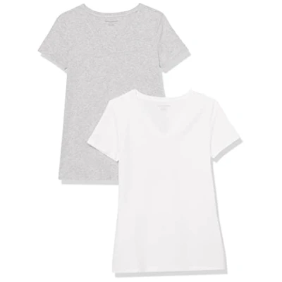Image of Amazon Essentials Women&#039;s Classic Fit Short Sleeve V Neck T Shirt, Pack of 2, Light Grey Heather/White, XXL