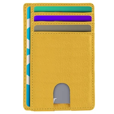 Image of AMEHA Mens Wallets Credit Card Holder RFID Blocking Slim Minimalist Genuine LeatherFront Pocket Business Holders with ID Window Holds up to 7 Cards and Bank Notes (Yellow)