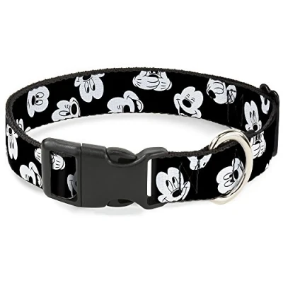 Image of Buckle Down Plastic Clip Collar Mickey Mouse Expressions Scattered Black/White 1&quot; Wide Fits 15 26&quot; Neck Large
