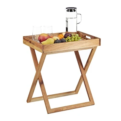 Image of Relaxdays Folding Serving Tablet, Foldable Tray Walnut Wood, Small Side Table, HxWxD: app. 54 x 52 36 cm