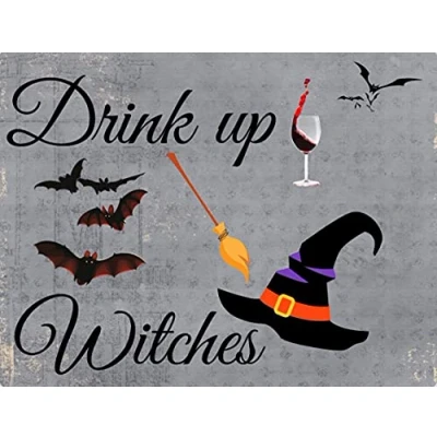 Image of Retro Metal Tin Sign Drink Up Witches, Halloween Witch Sign, Bat Vintage Home Bar Tavern Pub Club Man Cave Wall Decor 8x12inch