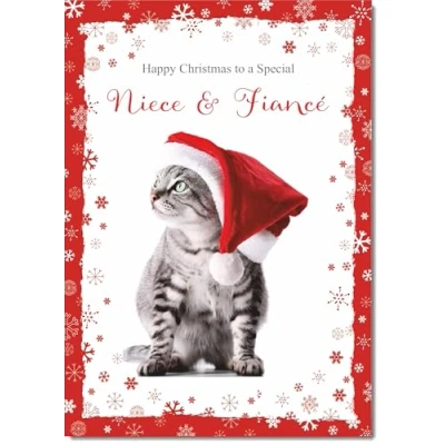 Image of doodlecards Niece &amp; Fiance Christmas Card Cat with Santa Hat Medium Size Plain Envelope
