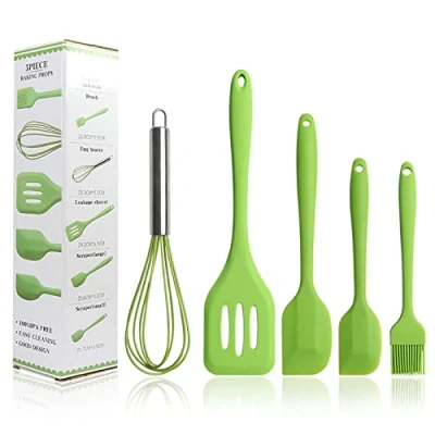 Image of Kitchen Utensils Set, Green 5 Pieces Silicone Spatulas Set Basting Brushes Pastry Oil Brush Egg Beater Slotted Turner Cooking Spatula Non Stick
