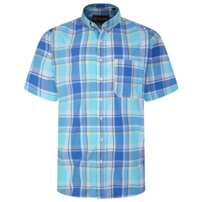 Image of Kam Casual Short Sleeve Checkered Button Down Collar Shirt in Blue 3XL