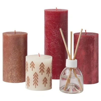 Image of Bolsius Rustic Pillar Candles Gift Set of 5 with Fragrance Sticks Winter Spices Decorative Household Length Burning Time Includes Natural Vegan Wax Without Palm Oil