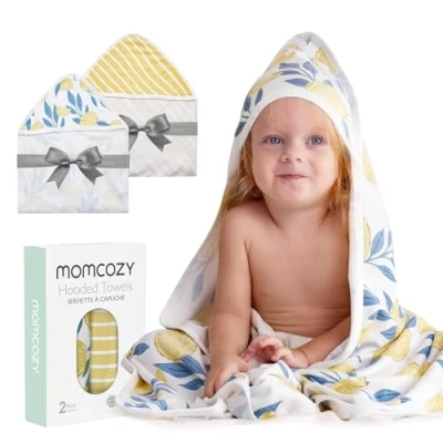 Image of momcozy Hooded Baby Towel, 2 Pack Bath Towel Set with Large 89cm X 89cm, Super Soft Cotton and for Newborn, Toddler Kid, Lemon Leaves