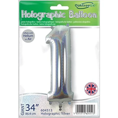 Image of Oaktree UK 34&quot; Number 1 Holographic Silver Foil Balloon