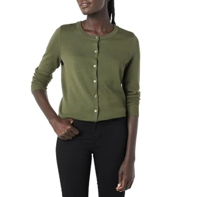 Image of Amazon Essentials Women&#039;s Lightweight Crewneck Cardigan Jumper (Available in Plus Size), Olive, S