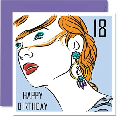 Image of 18th Birthday Cards for Her Women Earing Girl Happy 18 Card Friend Sister Daughter Granddaughter Cousin Auntie, 145mm x Eighteen Eighteenth Pretty Cute Bday Greeting