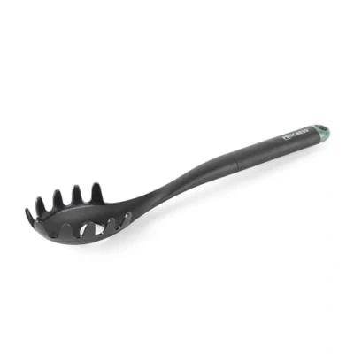 Image of Progress BW09569GEU7 Shimmer Spaghetti Spoon, Multifunctional Non Stick Safe Kitchen Utensil, Nylon, Ideal for Serving &amp; Pasta, Two Hole Portion Guides, Hanging Hook, Soft Touch Handle with Green Cuff