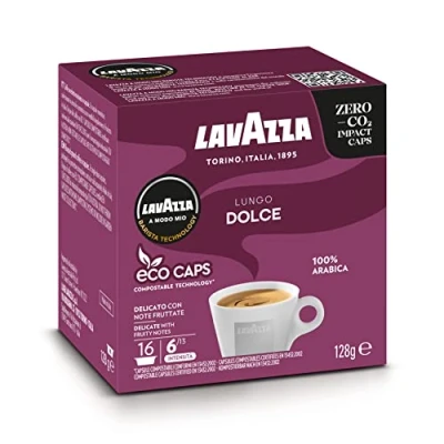 Image of Lavazza a Modo Mio Lungo Dolce, 96 Coffee Capsules, with Aromatic Notes of Dried Fruits, for Sweet Espresso, 100% Arabica, Intensity 6/13, Medium Roasting, 6 Packs 16 Pods