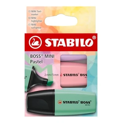 Image of STABILO BOSS MINI Pastel Highlighter Pack of 3 Hint Mint, Pink Blush, Lilac Haze