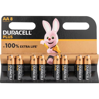 Image of Duracell Plus AA Batteries (8 Pack) Alkaline 1.5V Up To 100% Extra Life Reliability For Everyday Devices 0% Plastic Packaging 10 Year Storage LR6 MN1500