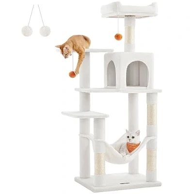 Image of Feandrea Cat Tree, 143 cm Tower for Indoor Cats, Multi Level Plush Condo with 4 Scratching Posts, 2 Perches, Cave, Hammock, Pompoms, Jelly Pink PCT161P01