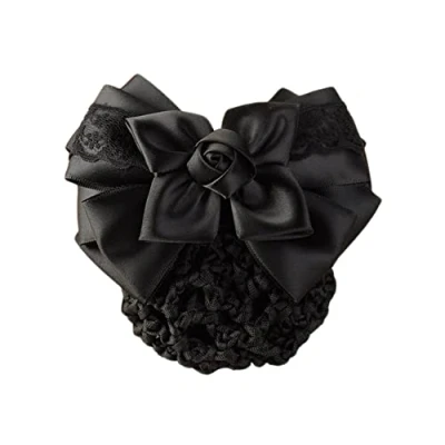 Image of Women Hair Bun Cover Net Snood Hairnet Bowknot Decor Satin Bow Barrette French Clip Ribbon Flower Accessories For Stewardess Banks Hotels Restaurant Staff (Black)