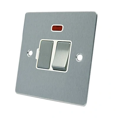 Image of AET FSCSFNWS Satin Chrome Flat Spur w White Insert Metal Rocker Switch 13 Amp Switched Fused Connection Unit with Neon Indicator, 240 V