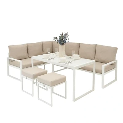 Image of Garden Aluminium Furniture Set White 7 Seater Outdoor Patio Lounge Sectional Corner L Shape Sofa Glass Top Dining Table 2 Stools Thick Cushions With Washable Covers FREE Waterproof Rain Cover