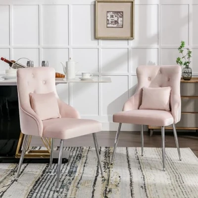 Image of Merax Dining Chairs Set of 2, Modern Upholstered Seat for Kitchen Living Room, Button Pattern Design with Metal Leg and Lumbar Cushion, Leisure Bedroom Vanity Armchair, Luxurious Velvet Fabric, Pink